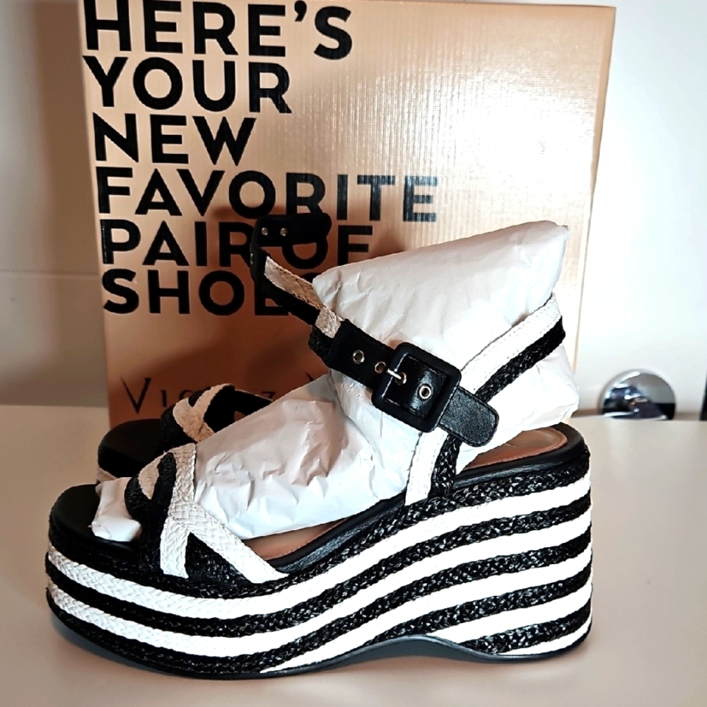 Anthropologie ( Vincenza) Leather Black and White Striped Wedge Sandals